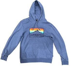 Blue Patagonia hoodie with logo